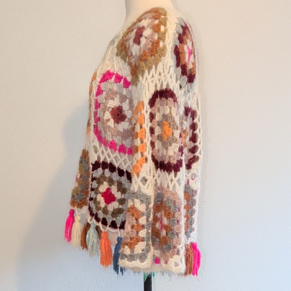 Crochet Patchwork Fringe Sweater - Multi Color - image 2